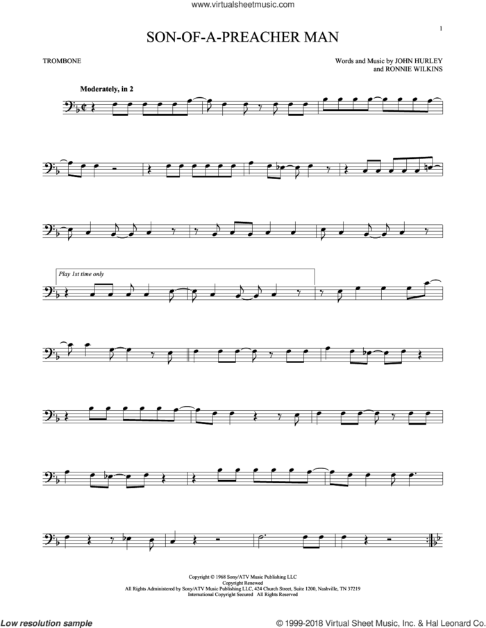 Son-Of-A-Preacher Man sheet music for trombone solo by Dusty Springfield, John Hurley and Ronnie Wilkins, intermediate skill level