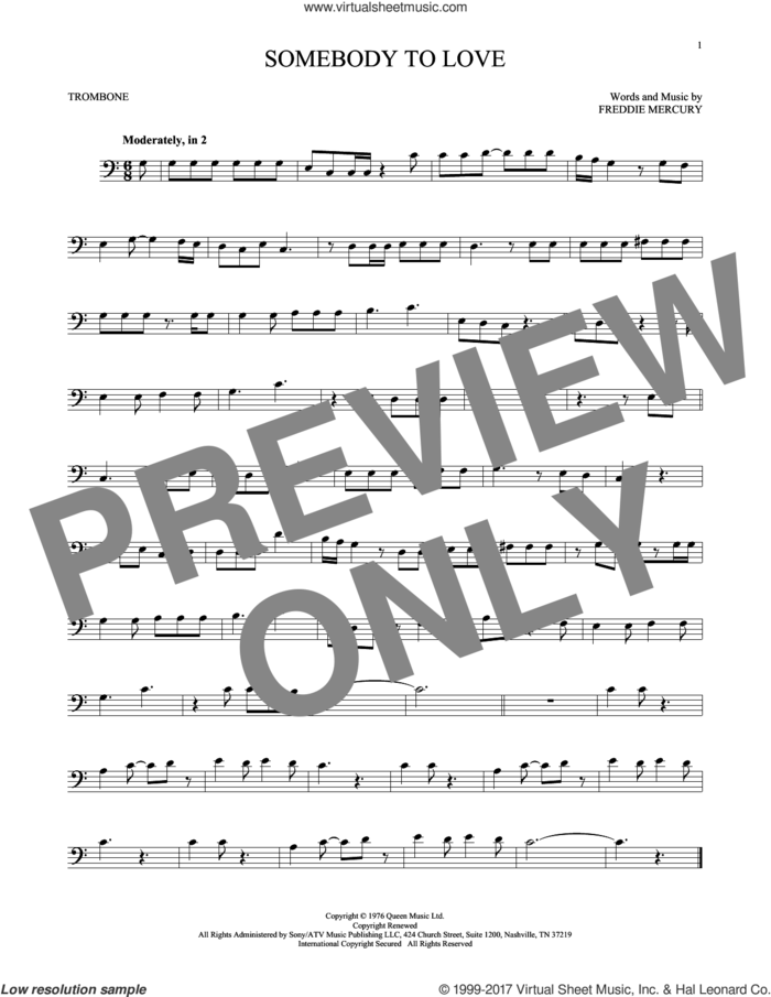 Somebody To Love sheet music for trombone solo by Queen and Freddie Mercury, intermediate skill level