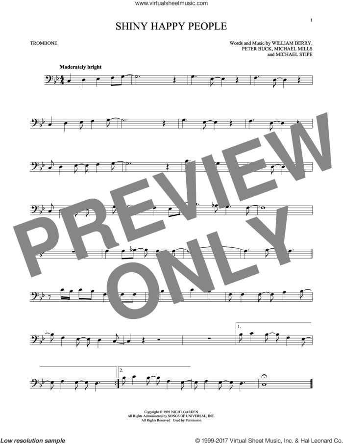Shiny Happy People sheet music for trombone solo by R.E.M., Michael Stipe, Mike Mills, Peter Buck and William Berry, intermediate skill level