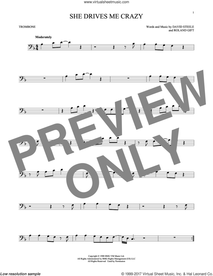 She Drives Me Crazy sheet music for trombone solo by Fine Young Cannibals, David Steele and Roland Gift, intermediate skill level