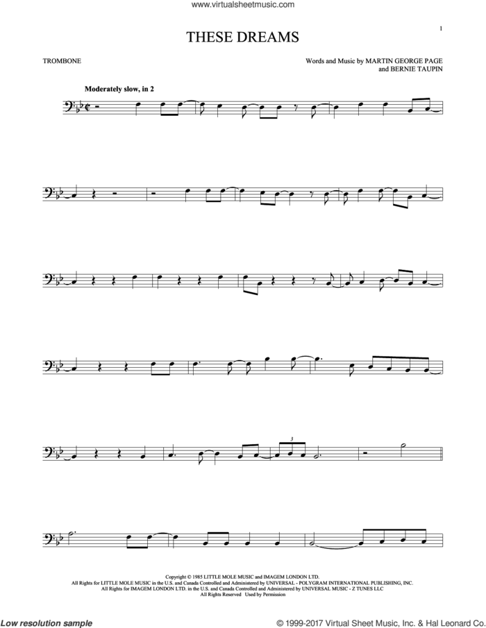 These Dreams sheet music for trombone solo by Heart, Bernie Taupin and Martin George Page, intermediate skill level