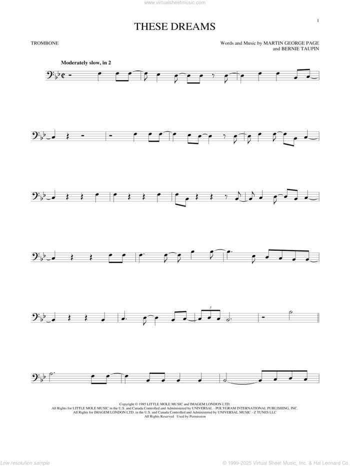 These Dreams sheet music for trombone solo by Heart, Bernie Taupin and Martin George Page, intermediate skill level