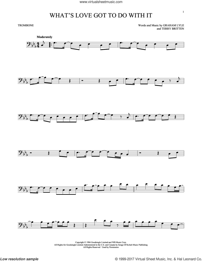 What's Love Got To Do With It sheet music for trombone solo by Tina Turner, Graham Lyle and Terry Britten, intermediate skill level