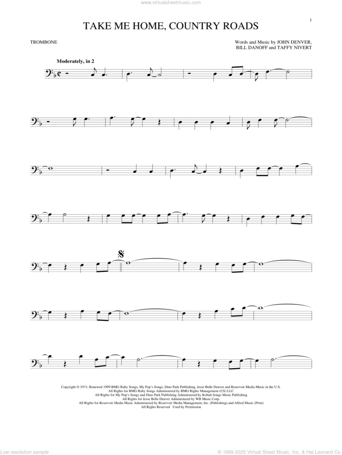 Take Me Home, Country Roads sheet music for trombone solo by John Denver, Bill Danoff and Taffy Nivert, intermediate skill level