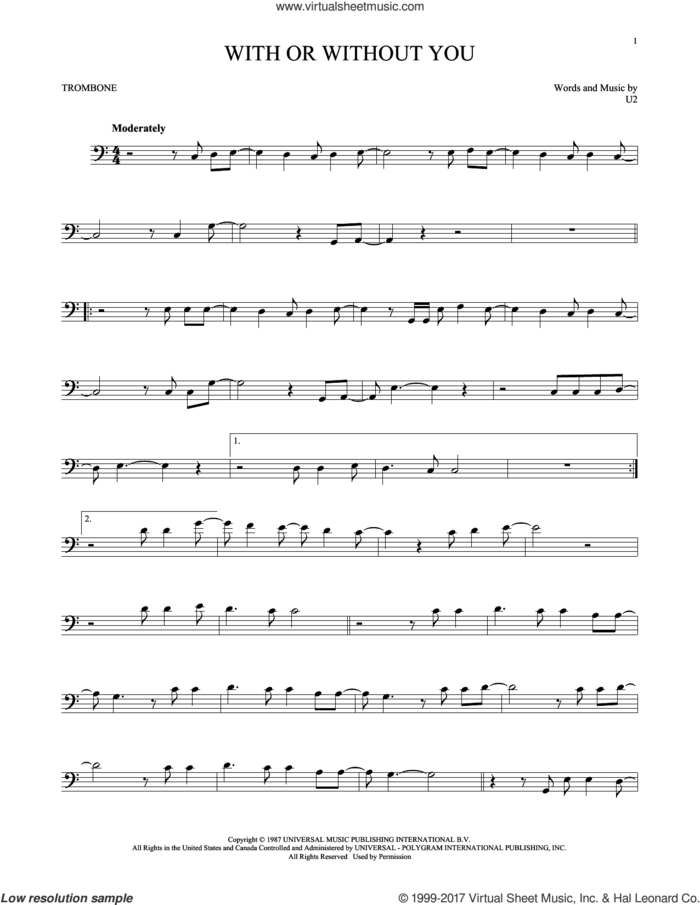With Or Without You sheet music for trombone solo by U2, intermediate skill level