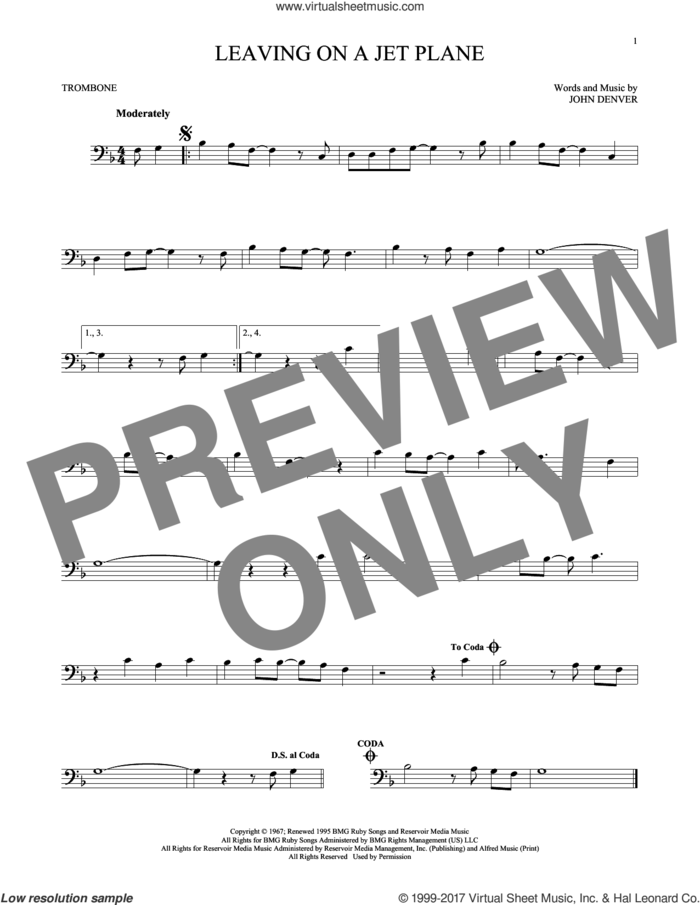 Leaving On A Jet Plane sheet music for trombone solo by John Denver and Peter, Paul & Mary, intermediate skill level
