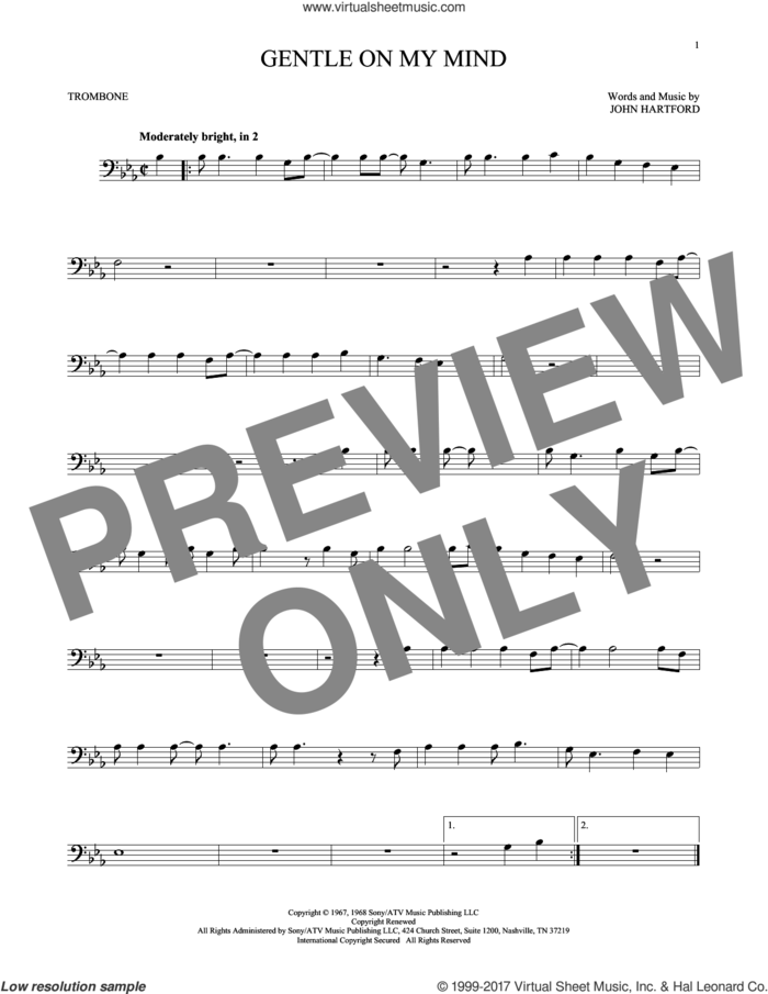 Gentle On My Mind sheet music for trombone solo by Glen Campbell and John Hartford, intermediate skill level