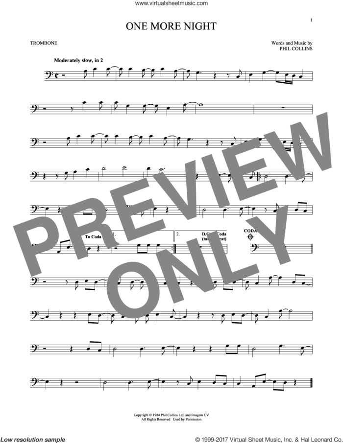 One More Night sheet music for trombone solo by Phil Collins, intermediate skill level