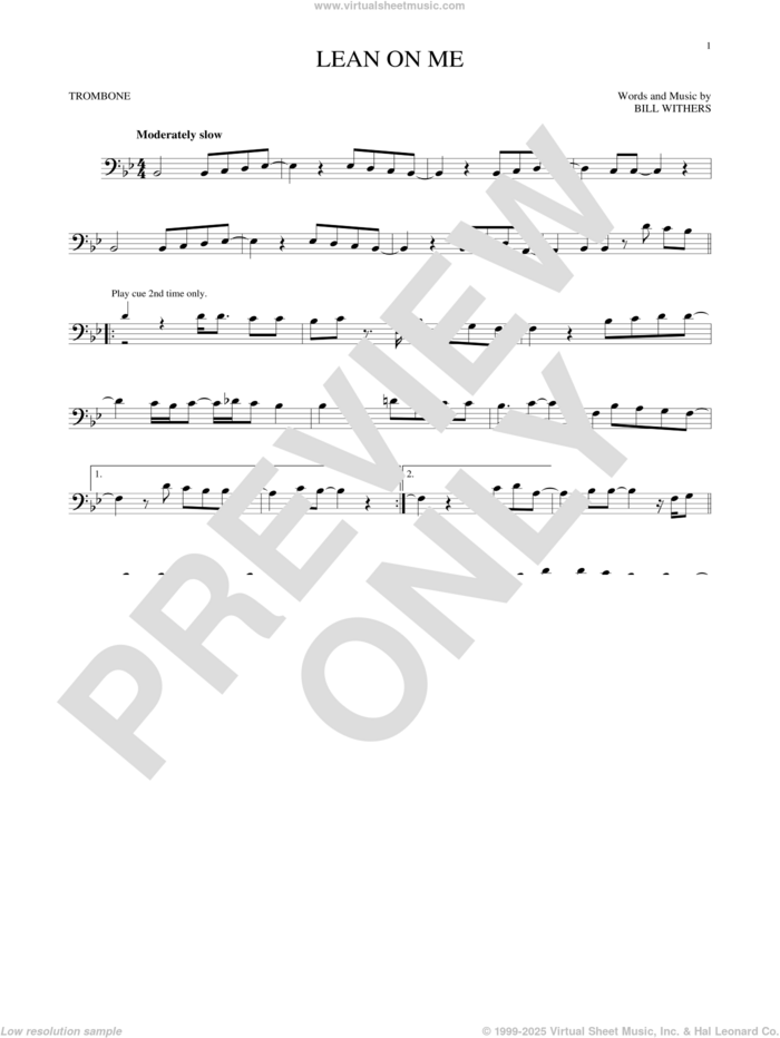 Lean On Me sheet music for trombone solo by Bill Withers, intermediate skill level