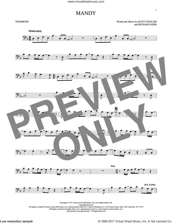 Mandy sheet music for trombone solo by Barry Manilow, Richard Kerr and Scott English, intermediate skill level