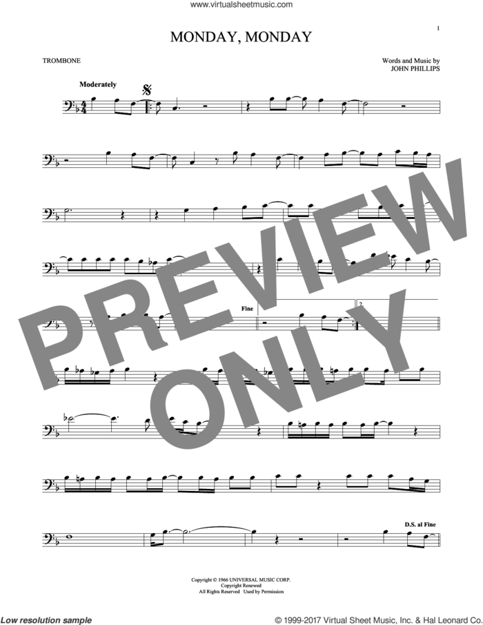 Monday, Monday sheet music for trombone solo by The Mamas & The Papas and John Phillips, intermediate skill level