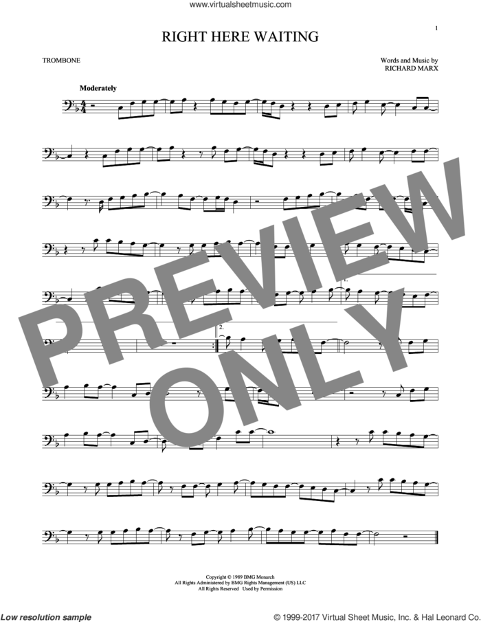Right Here Waiting sheet music for trombone solo by Richard Marx, intermediate skill level