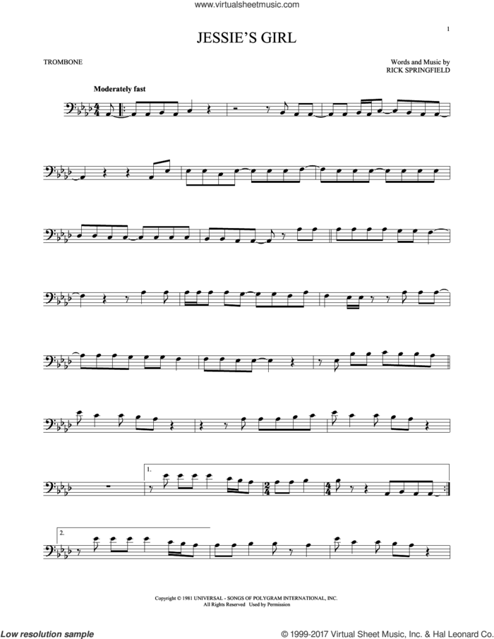 Jessie's Girl sheet music for trombone solo by Rick Springfield, intermediate skill level