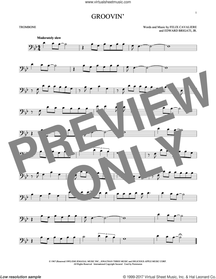 Groovin' sheet music for trombone solo by Young Rascals, Edward Brigati Jr. and Felix Cavaliere, intermediate skill level