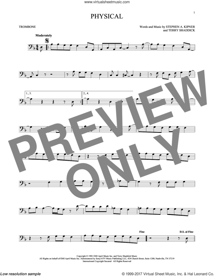 Physical sheet music for trombone solo by Olivia Newton-John, Stephen A. Kipner and Terry Shaddick, intermediate skill level