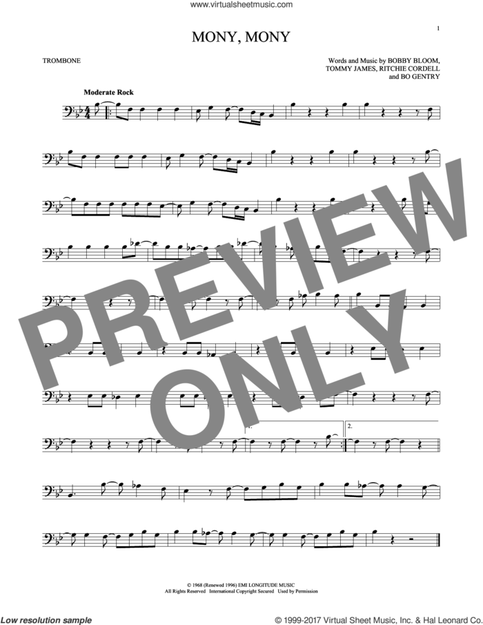Mony, Mony sheet music for trombone solo by Tommy James & The Shondells, Bo Gentry, Bobby Bloom and Ritchie Cordell, intermediate skill level