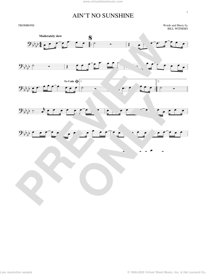 Ain't No Sunshine sheet music for trombone solo by Bill Withers, intermediate skill level