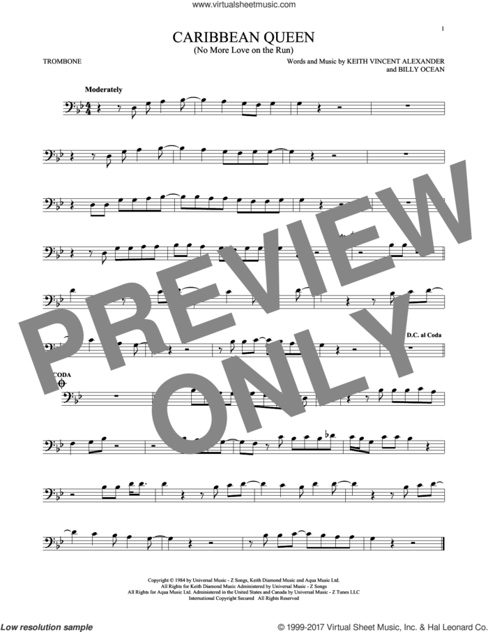 Caribbean Queen (No More Love On The Run) sheet music for trombone solo by Billy Ocean and Keith Vincent Alexander, intermediate skill level