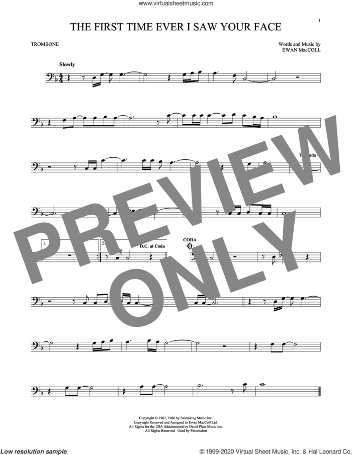 The First Time Ever I Saw Your Face sheet music for trombone solo by Roberta Flack and Ewan MacColl, intermediate skill level