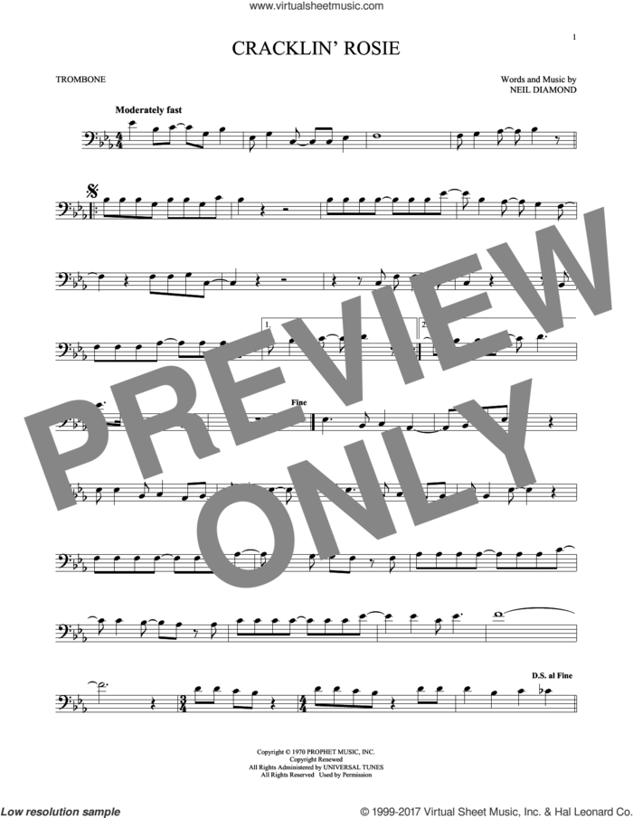 Cracklin' Rosie sheet music for trombone solo by Neil Diamond, intermediate skill level