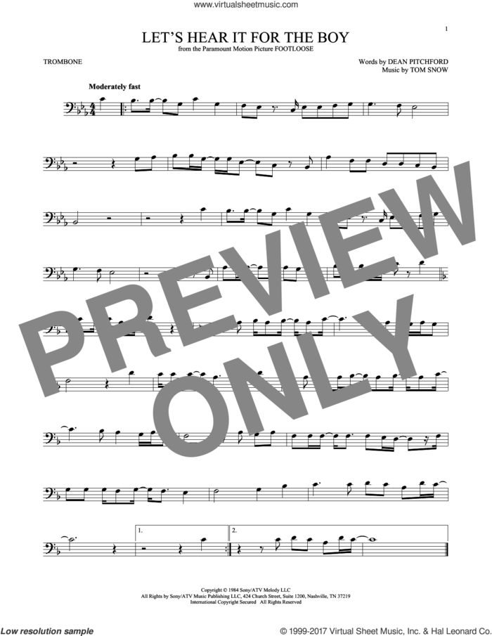 Let's Hear It For The Boy sheet music for trombone solo by Deniece Williams, Dean Pitchford and Tom Snow, intermediate skill level