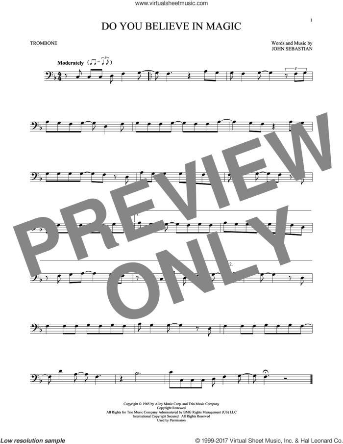 Do You Believe In Magic sheet music for trombone solo by Lovin' Spoonful and John Sebastian, intermediate skill level