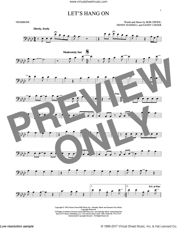 Let's Hang On sheet music for trombone solo by The 4 Seasons, Bob Crewe, Denny Randell and Sandy Linzer, intermediate skill level