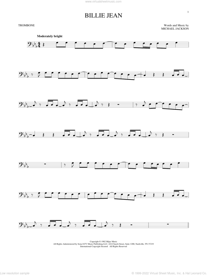 Billie Jean sheet music for trombone solo by Michael Jackson, intermediate skill level