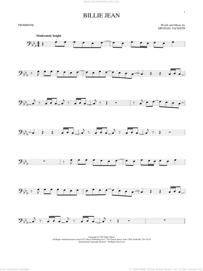 Billie Jean sheet music for trombone solo by Michael Jackson, intermediate skill level