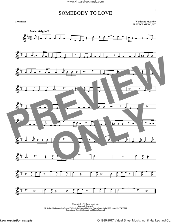 Somebody To Love sheet music for trumpet solo by Queen and Freddie Mercury, intermediate skill level