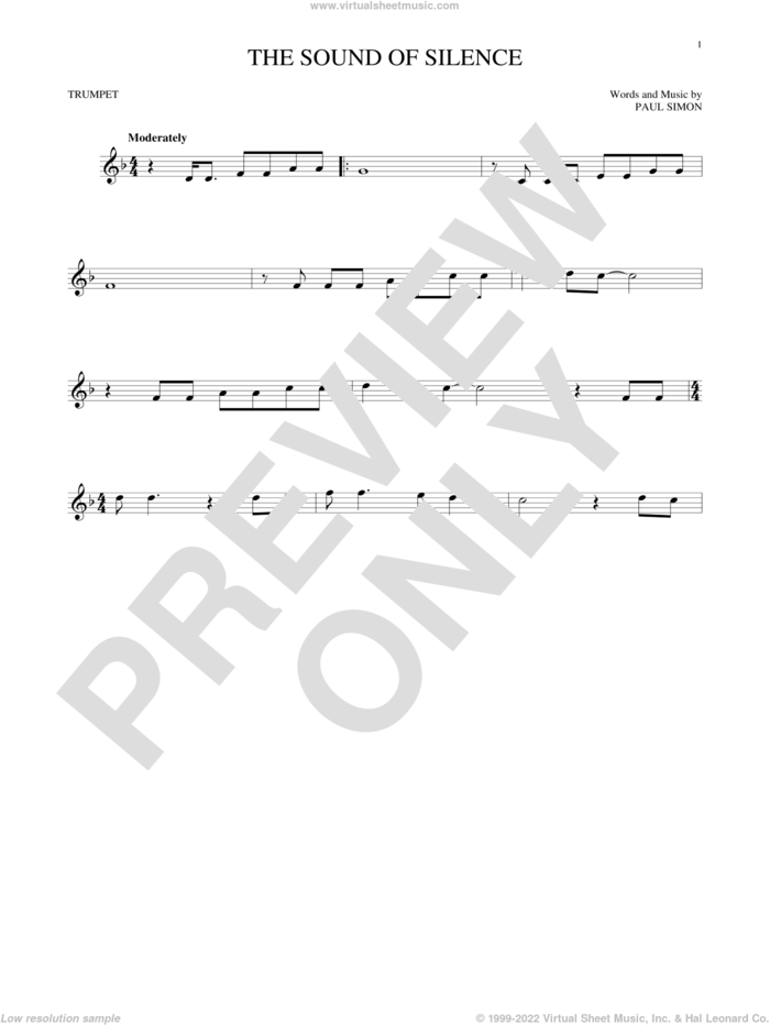 The Sound Of Silence sheet music for trumpet solo by Simon & Garfunkel and Paul Simon, intermediate skill level