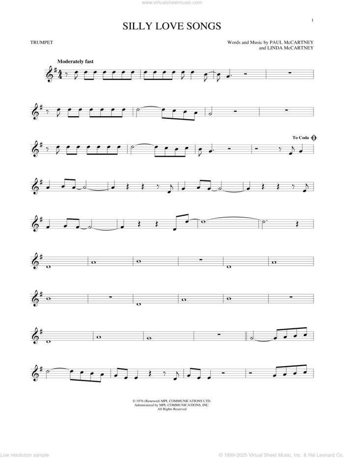 Silly Love Songs sheet music for trumpet solo by Wings, Linda McCartney and Paul McCartney, intermediate skill level