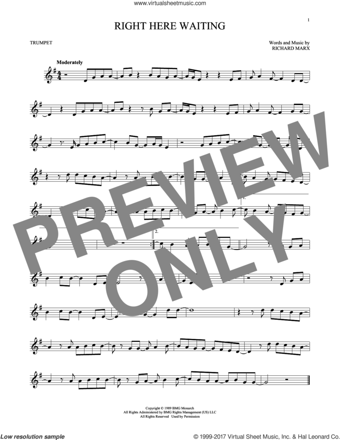 Right Here Waiting sheet music for trumpet solo by Richard Marx, intermediate skill level
