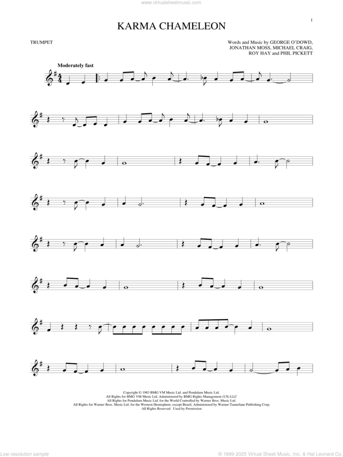 Karma Chameleon sheet music for trumpet solo by Culture Club, Jonathan Moss, Michael Craig, Phil Pickett and Roy Hay, intermediate skill level