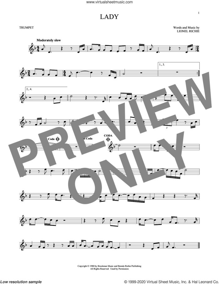 Lady sheet music for trumpet solo by Kenny Rogers and Lionel Richie, intermediate skill level