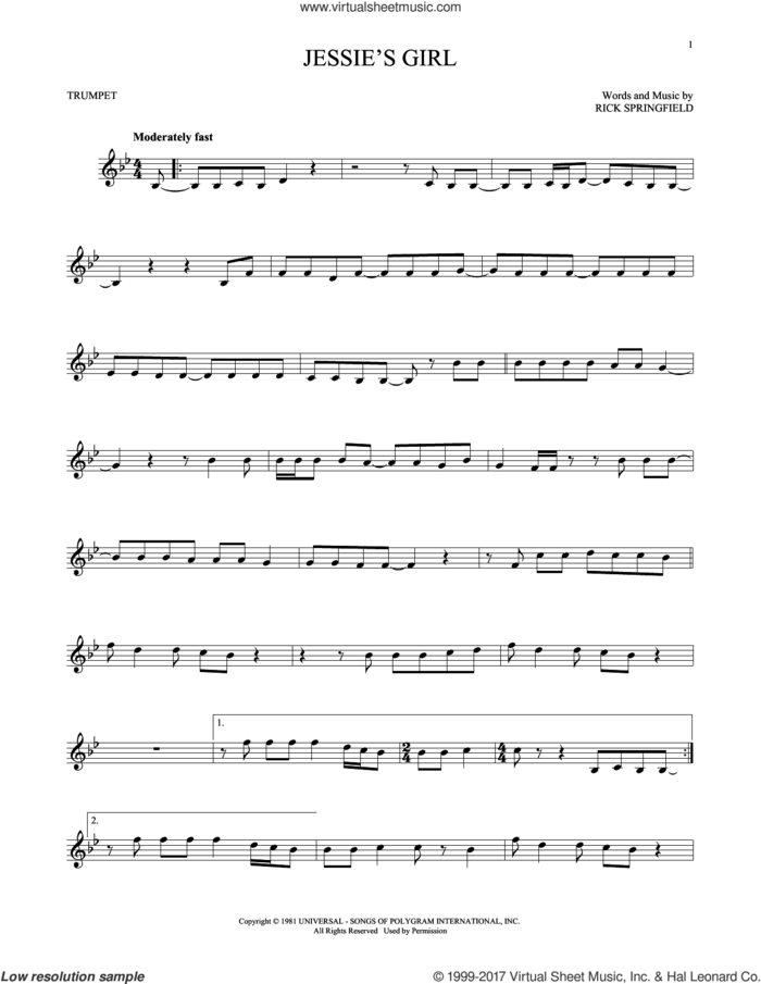 Jessie's Girl sheet music for trumpet solo by Rick Springfield, intermediate skill level
