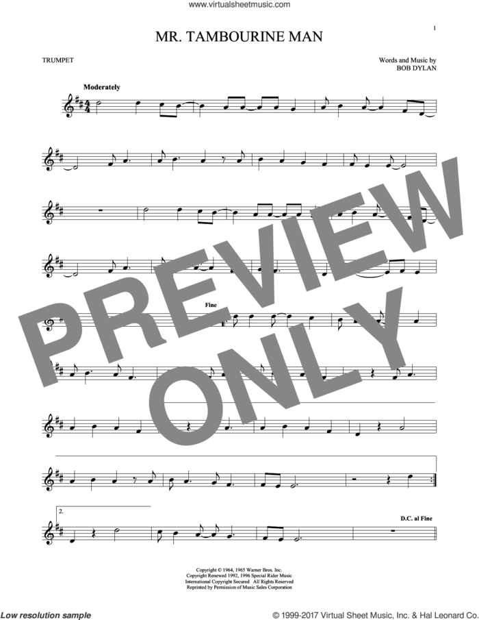 Mr. Tambourine Man sheet music for trumpet solo by Bob Dylan, intermediate skill level