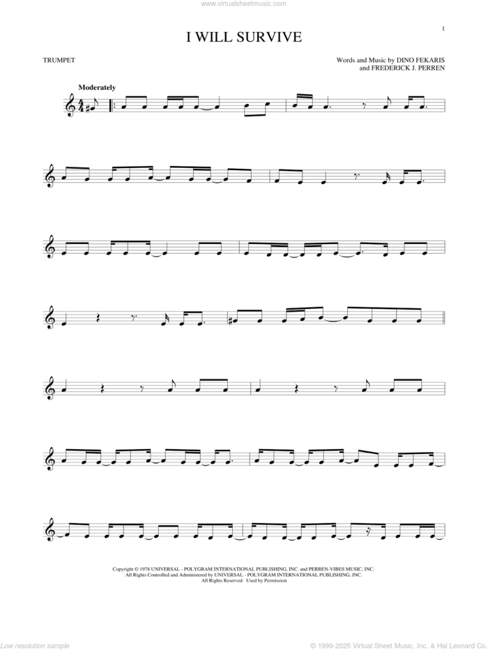 I Will Survive sheet music for trumpet solo by Gloria Gaynor, Dino Fekaris and Frederick Perren, intermediate skill level