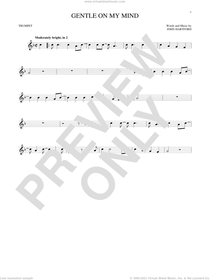 Gentle On My Mind sheet music for trumpet solo by Glen Campbell and John Hartford, intermediate skill level
