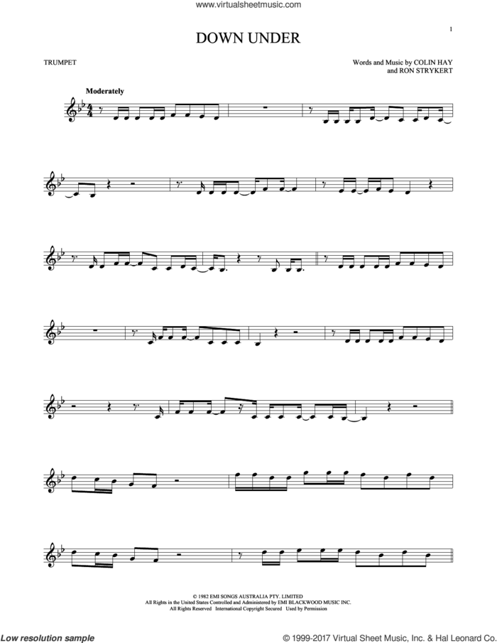 Down Under sheet music for trumpet solo by Men At Work, Colin Hay and Ron Strykert, intermediate skill level