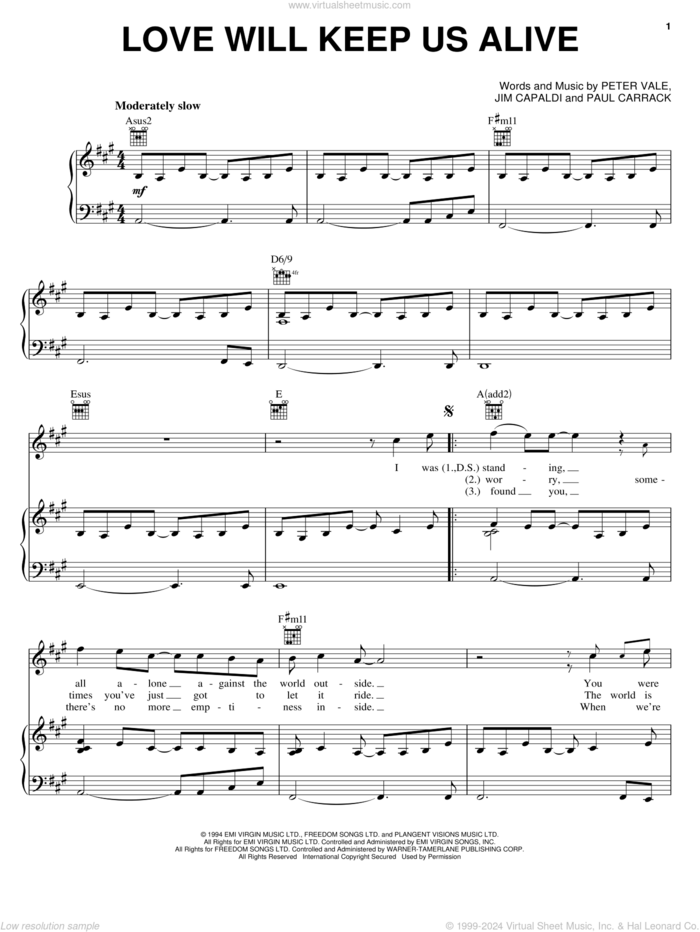 Love Will Keep Us Alive sheet music for voice, piano or guitar by Paul Carrack, The Eagles, Jim Capaldi and Peter Vale, wedding score, intermediate skill level