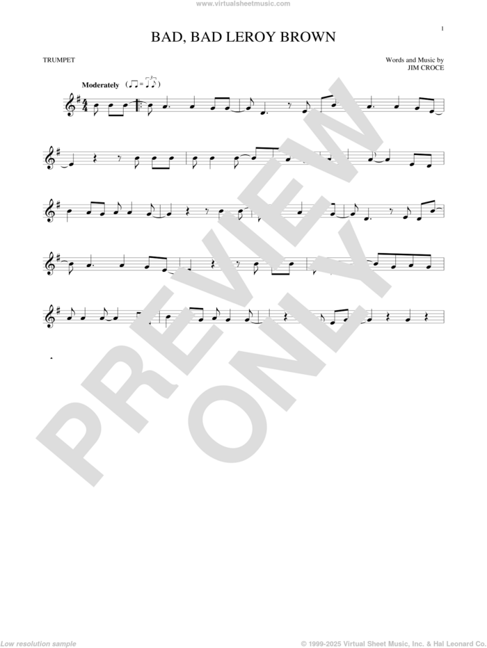 Bad, Bad Leroy Brown sheet music for trumpet solo by Jim Croce, intermediate skill level