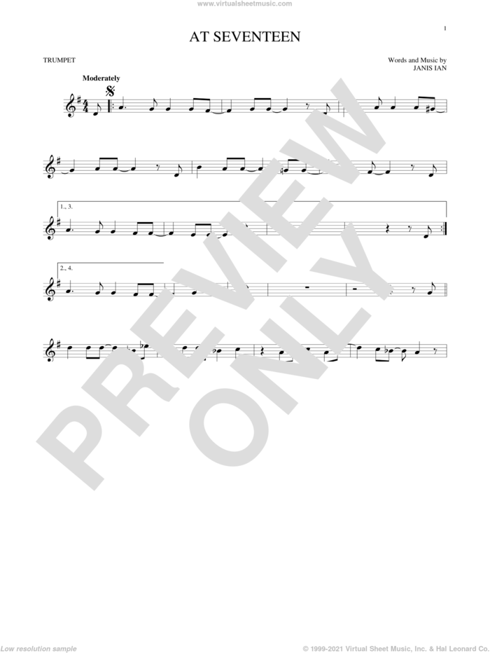 At Seventeen sheet music for trumpet solo by Janis Ian, intermediate skill level