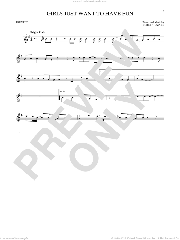 Girls Just Want To Have Fun sheet music for trumpet solo by Cyndi Lauper and Robert Hazard, intermediate skill level