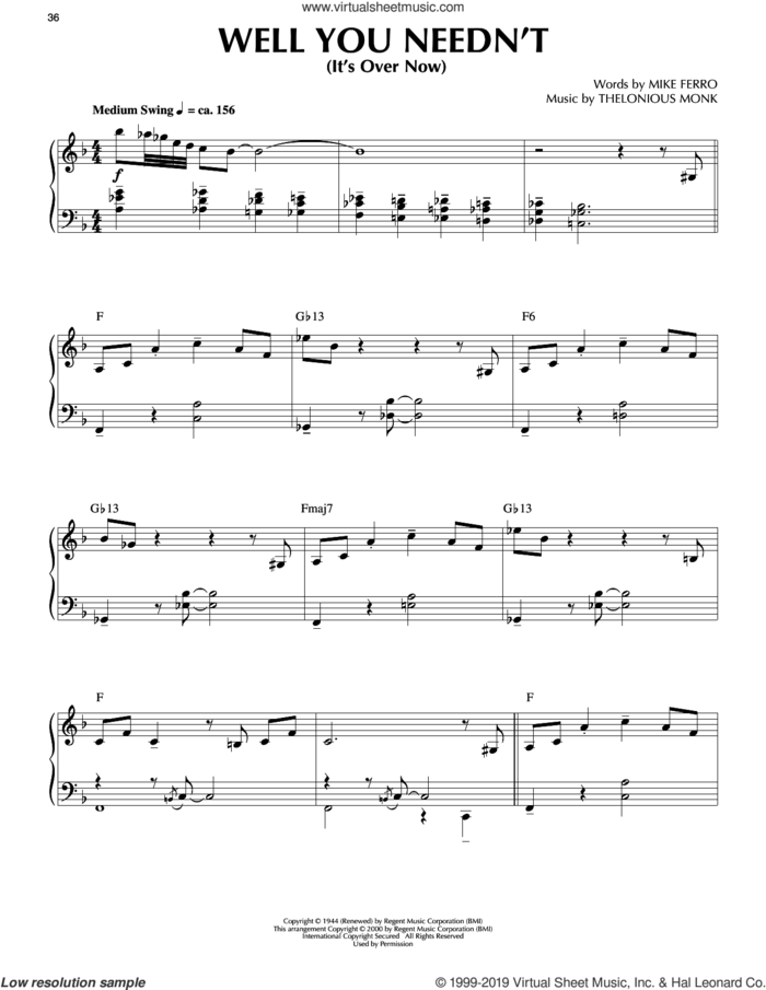 Well You Needn't (It's Over Now) sheet music for piano solo by Thelonious Monk and Mike Ferro, intermediate skill level