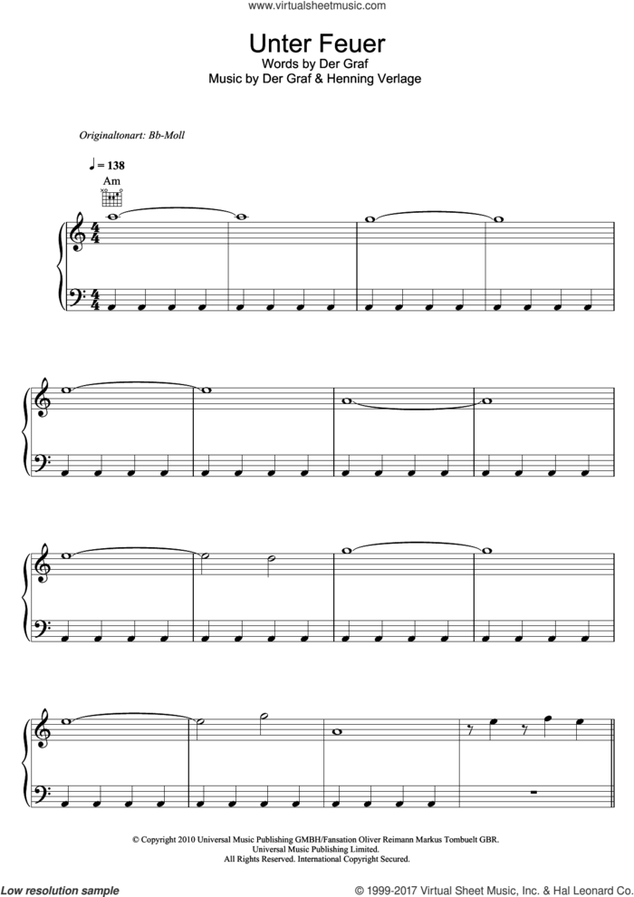Unter Feuer sheet music for voice, piano or guitar by Unheilig, Der Graf and Henning Verlage, intermediate skill level