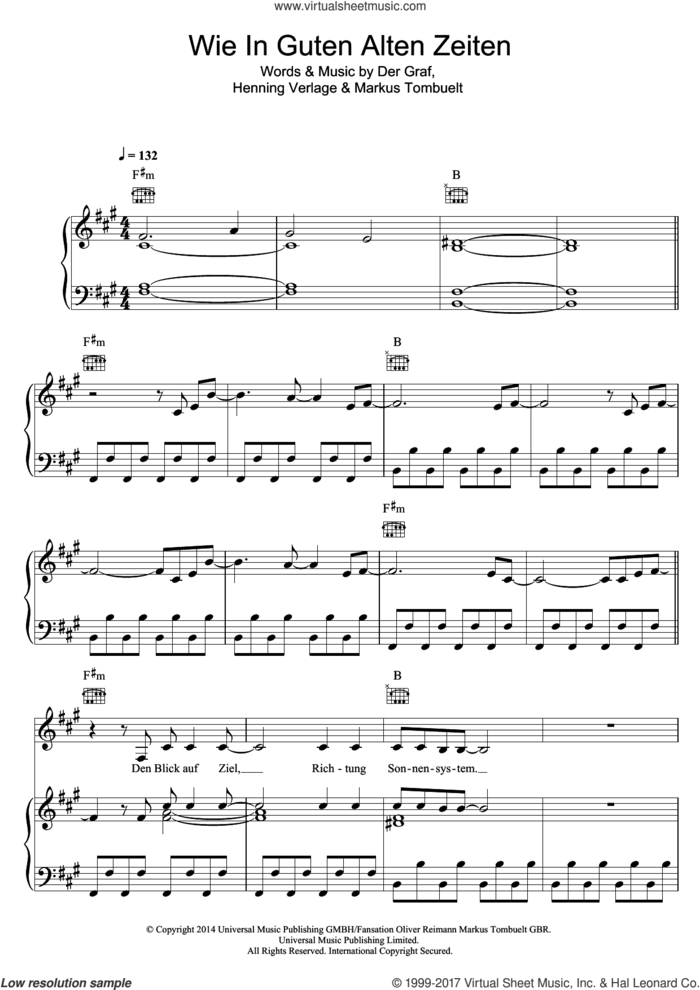 Wie In Guten Alten Zeiten sheet music for voice, piano or guitar by Unheilig, Der Graf, Henning Verlage and Markus Tombuelt, intermediate skill level