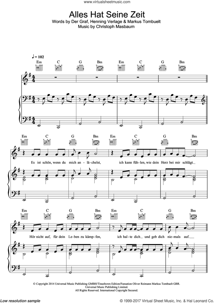 Alles Hat Seine Zeit sheet music for voice, piano or guitar by Unheilig and Christoph Masbaum, intermediate skill level