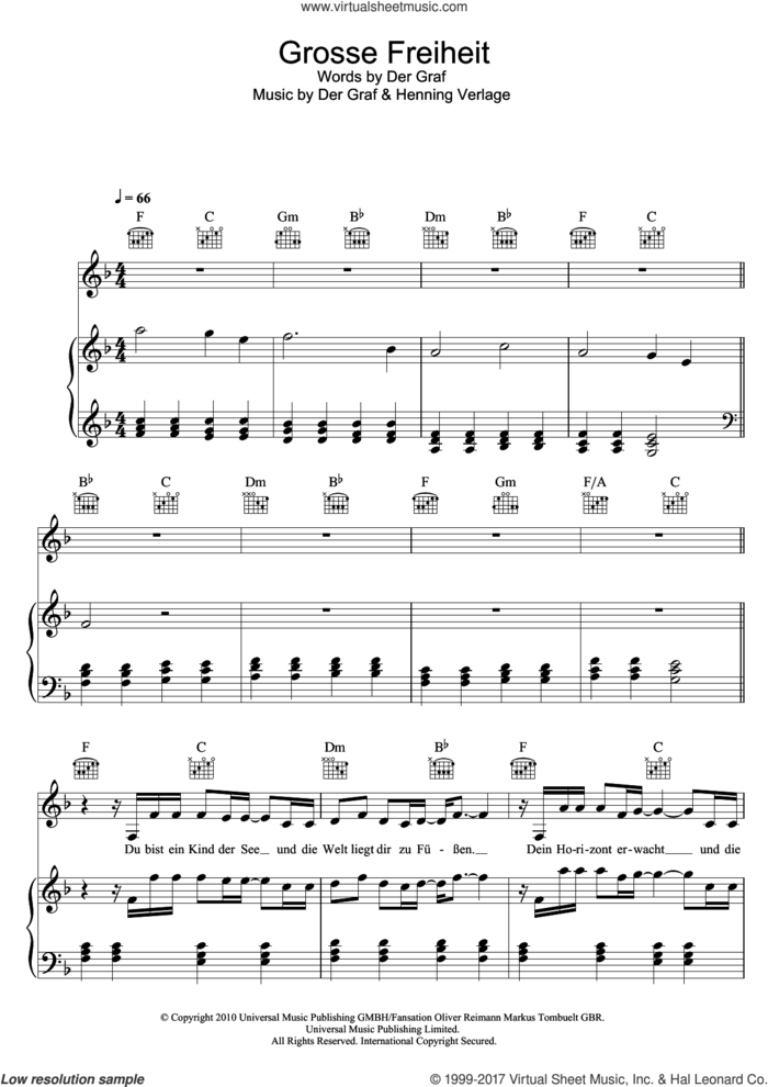 Grosse Freiheit sheet music for voice, piano or guitar by Unheilig, Der Graf and Henning Verlage, intermediate skill level