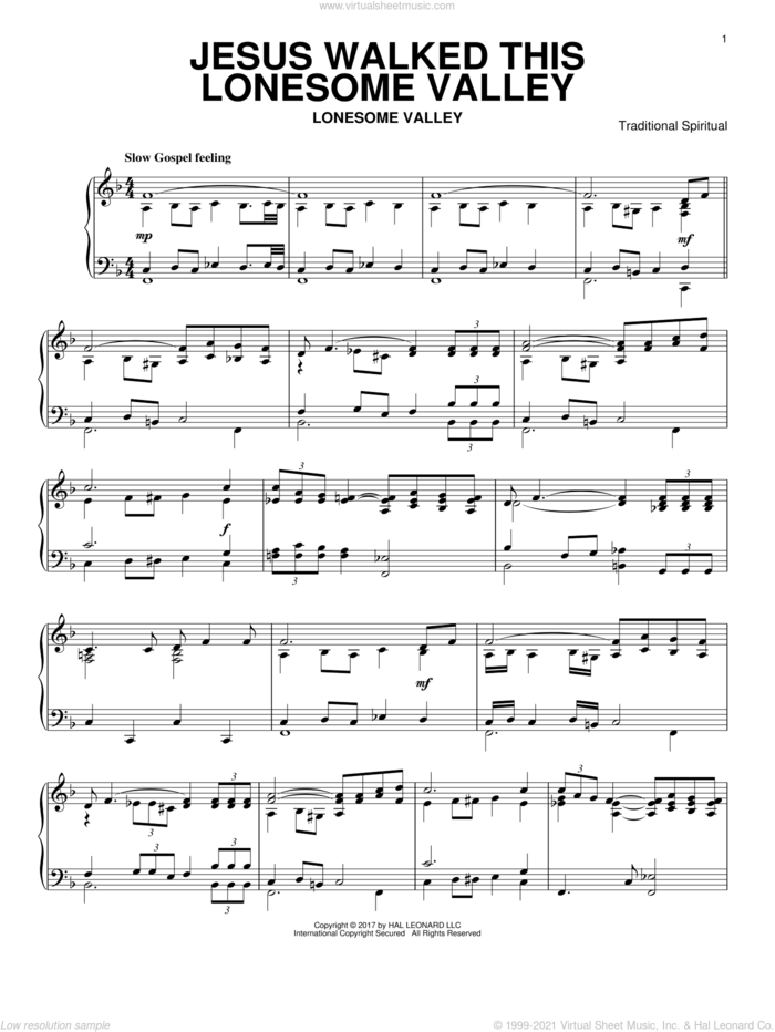 Jesus Walked This Lonesome Valley sheet music for piano solo, intermediate skill level